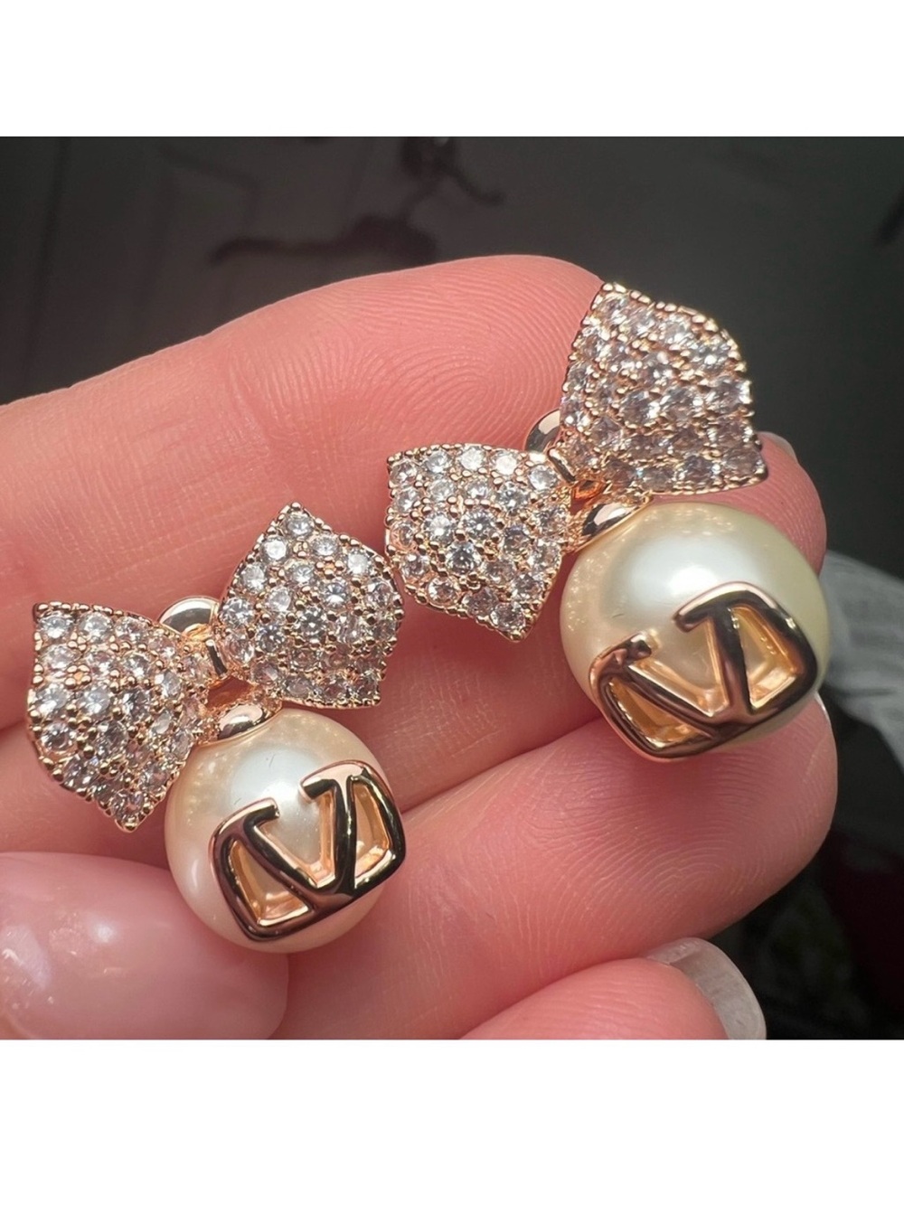 Gold-Tone Pearl Bow Drop Earrings with Crystal Accents